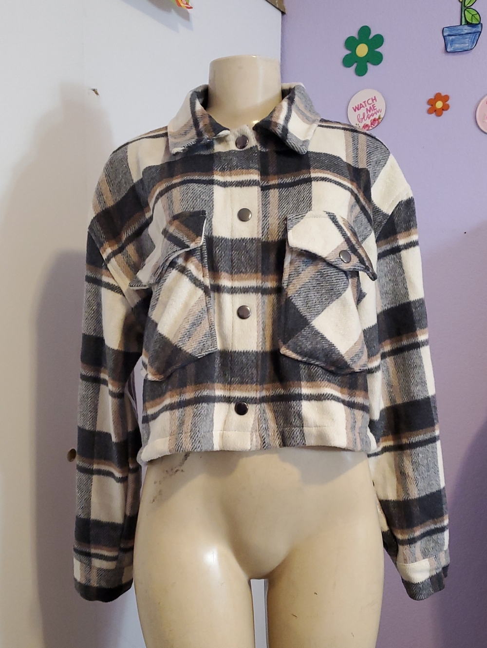 Love Tree Cropped Plaid Jacket in Cream & Gray